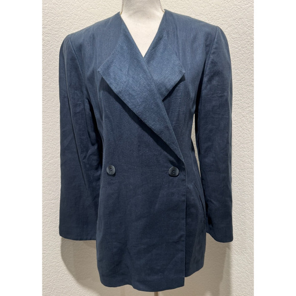 Vintage Womens Linen Blazer MARIMEKKO Sz 6 Made in Finland Navy Blue Jacket - Picture 1 of 11